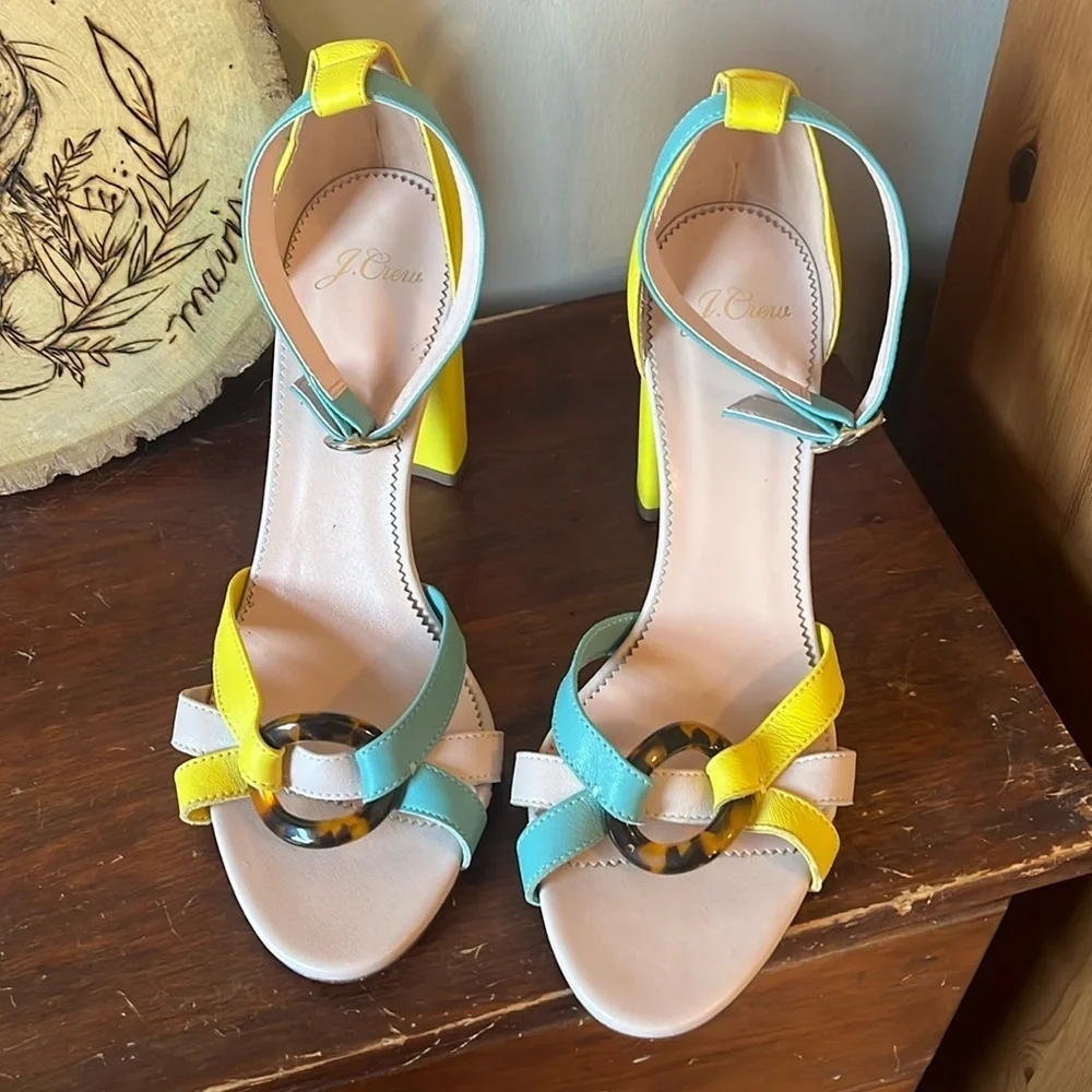 J. Crew Yellow/Blue Stella Heel in Colorblock Leather Size 8.5